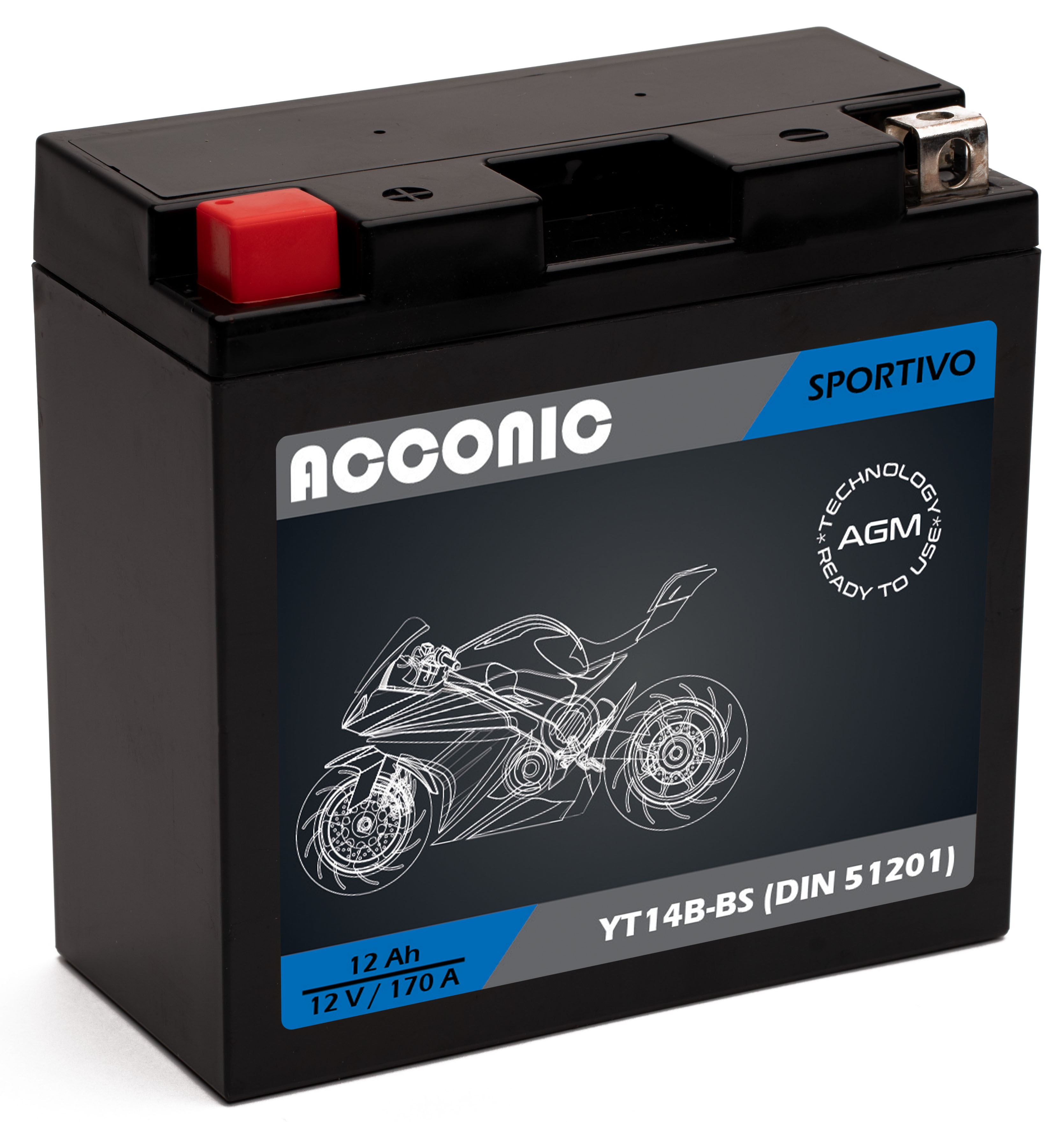 ACCONIC Sportivo AGM YT14B-BS Motorradbatterie 12Ah 12V (DIN 51201)